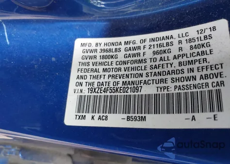 2019 Honda Insight Ex from USA, damaged, VIN 19XZE4F55KE021097